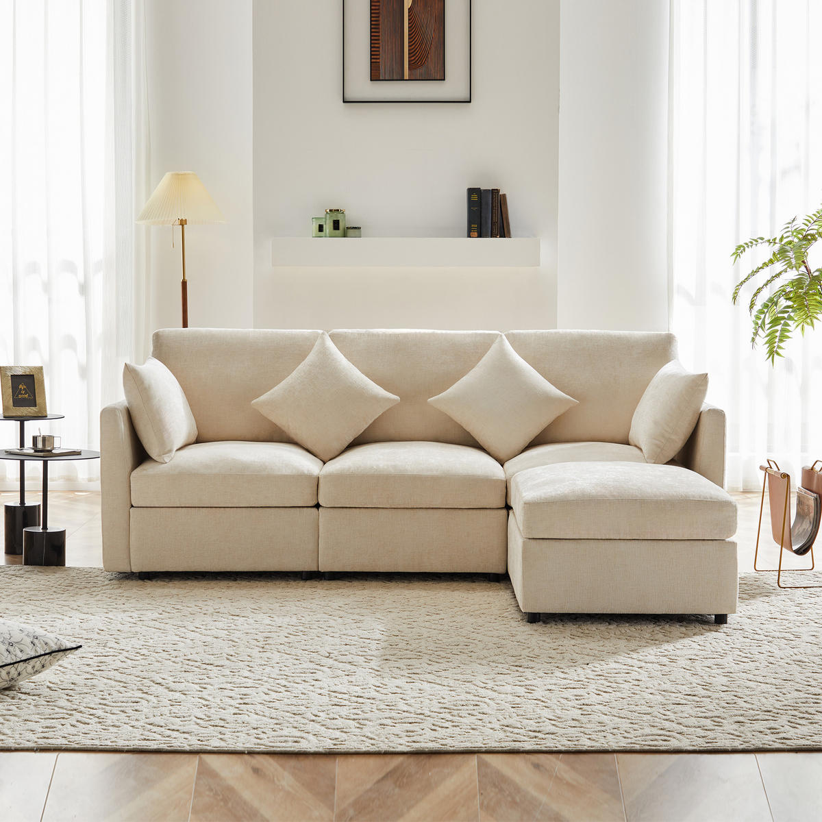 4-SITZER ECKSOFA Chenille Beige mit Hocker und Kissen - Beige, Holzwerkstoff/Kunststoff (216/161cm) - WISHDOR