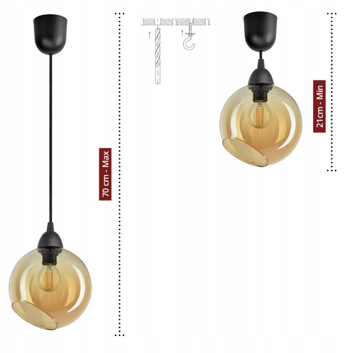 PENDELLEUCHTE Kogel - Transparent/Schwarz, Glas/Metall (15/15/80cm) - kiki design