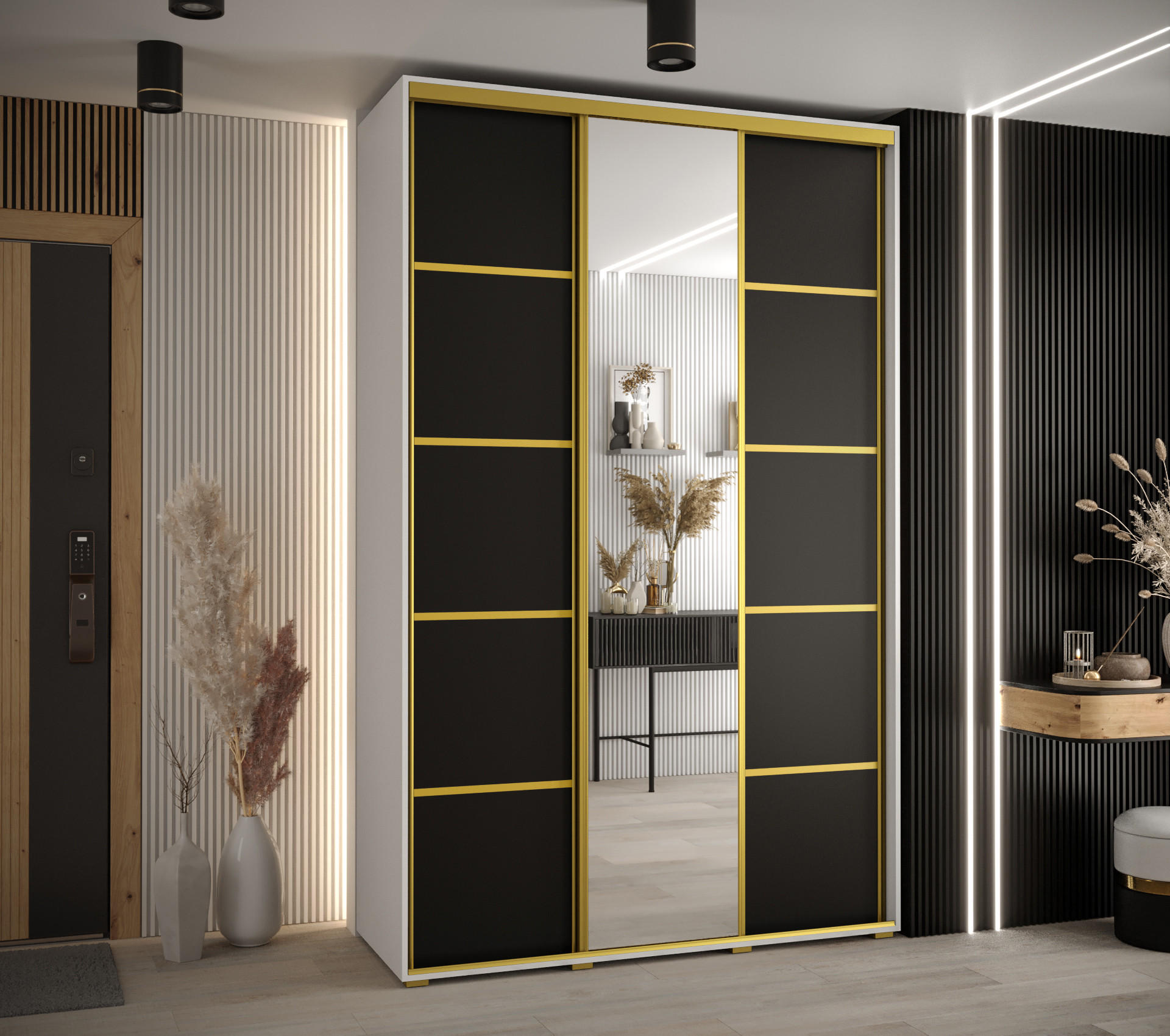 SCHWEBETÜRENSCHRANK 235,2/160/60 3-türig - Goldfarben/Schwarz, Holz/Metall (160/235/60cm) - Abiks Möbel