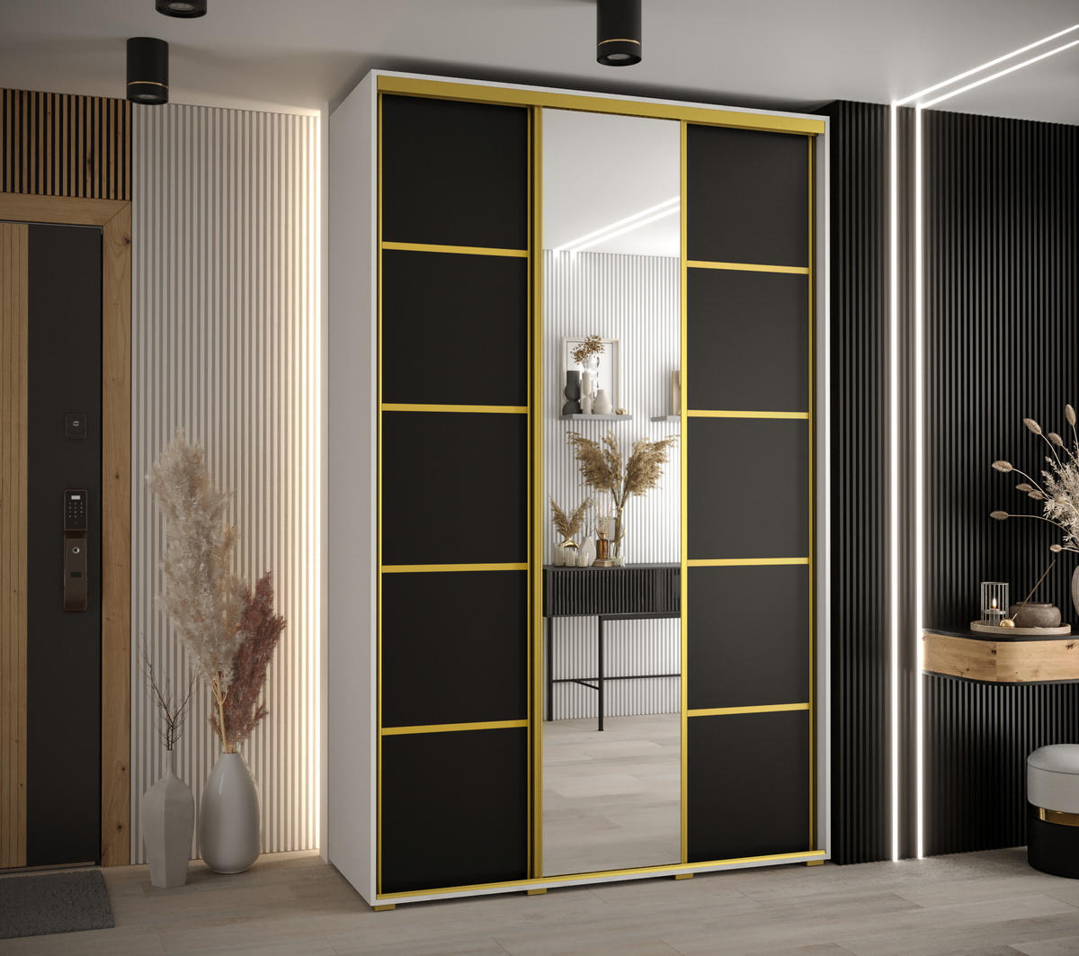 SCHWEBETÜRENSCHRANK 235,2/160/60 3-türig - Goldfarben/Schwarz, Holz/Metall (160/235/60cm) - Abiks Möbel
