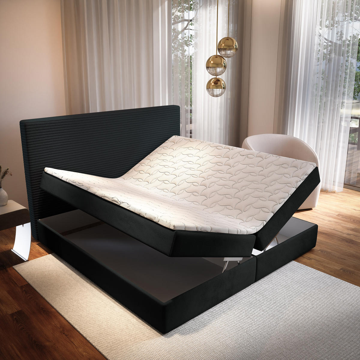 BOXBETT GIARRO 180x200 cm mit Matratze und Topper - Schwarz - Schwarz, Holz (180/200cm) - MASSENO