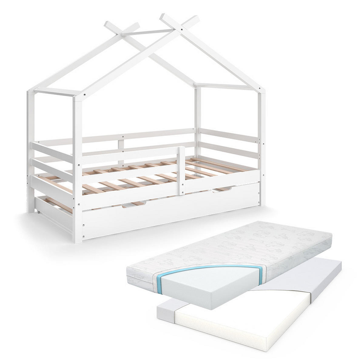 HAUSBETT Luni Weiß 160 x 80 cm mit ausziehbarem Gästebett und Matratzen - Weiß, Holz - VitaliSpa