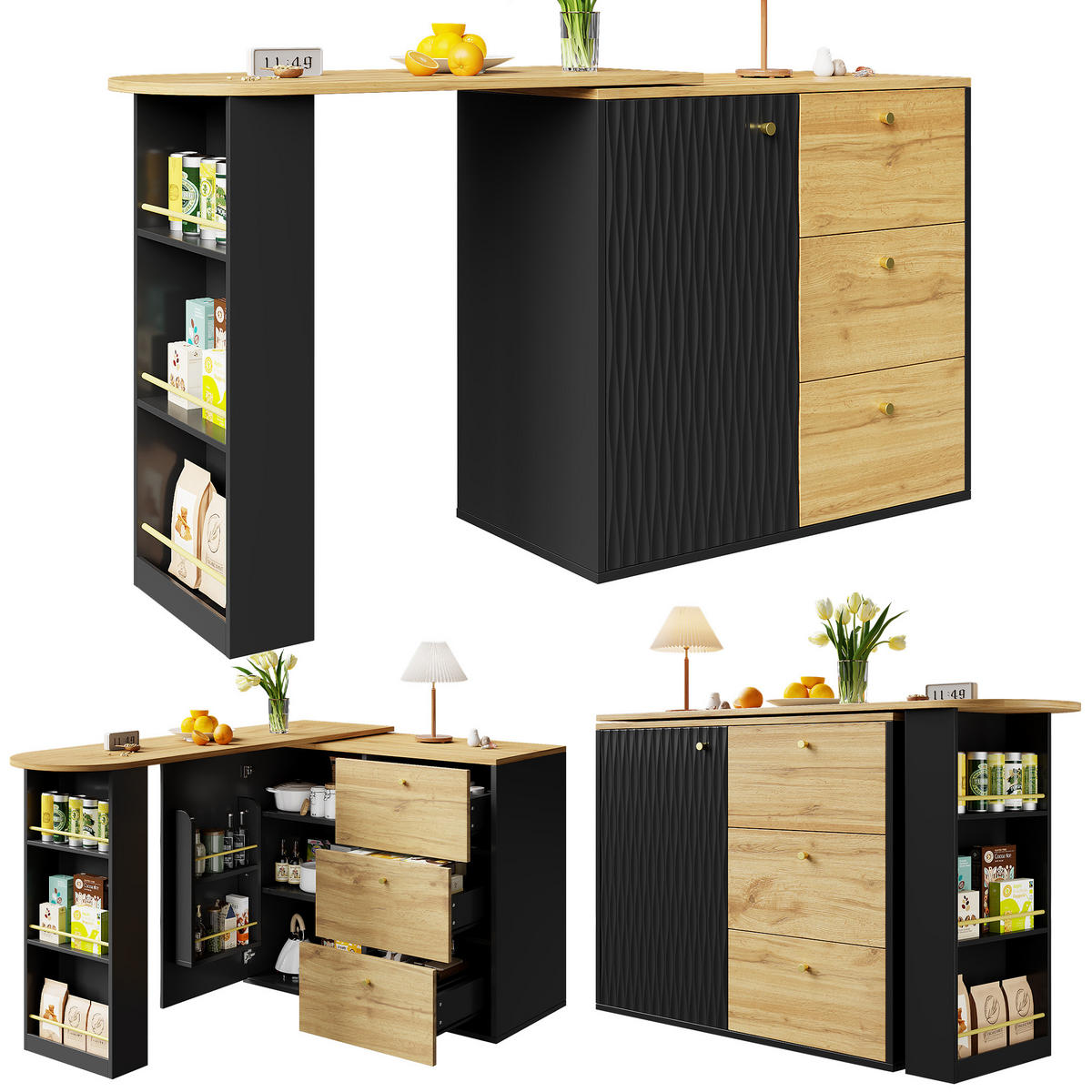 BARTISCH DE-38543 ausziehbar 138-204 cm 360° drehbar Holzmaserung - Schwarz, Holzwerkstoff (39/138/104cm) - ComfortXL