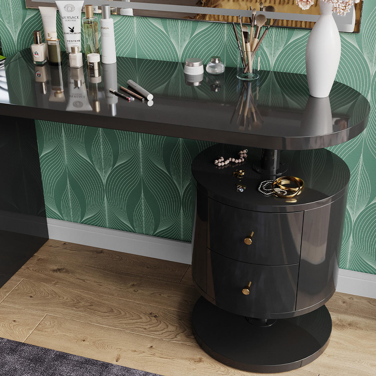 SCHMINKTISCH Lara Schwarz Hochglanz 120 cm mit LED-Spiegel - Schwarz Hochglanz, Holzwerkstoff (120/76/50cm) - Vicco