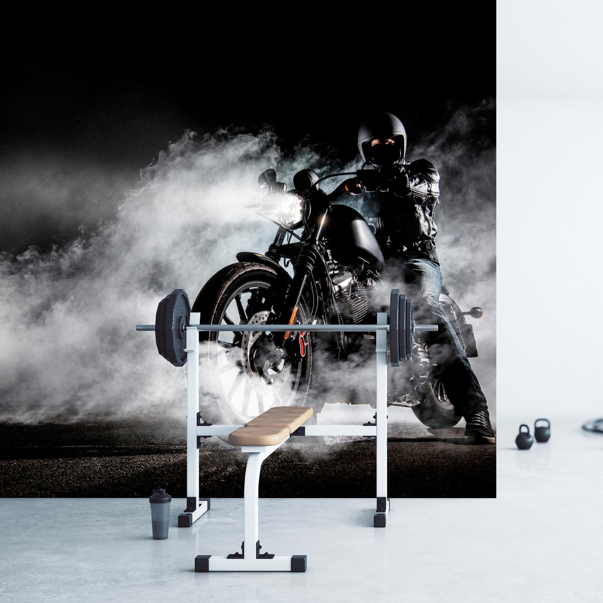 FOTOTAPETE für Jugendzimmer Motorrad Nebel Mann Straße Rauch Sport Action 200x140 - Schwarz/Weiß, Papier (200/140cm) - Muralo