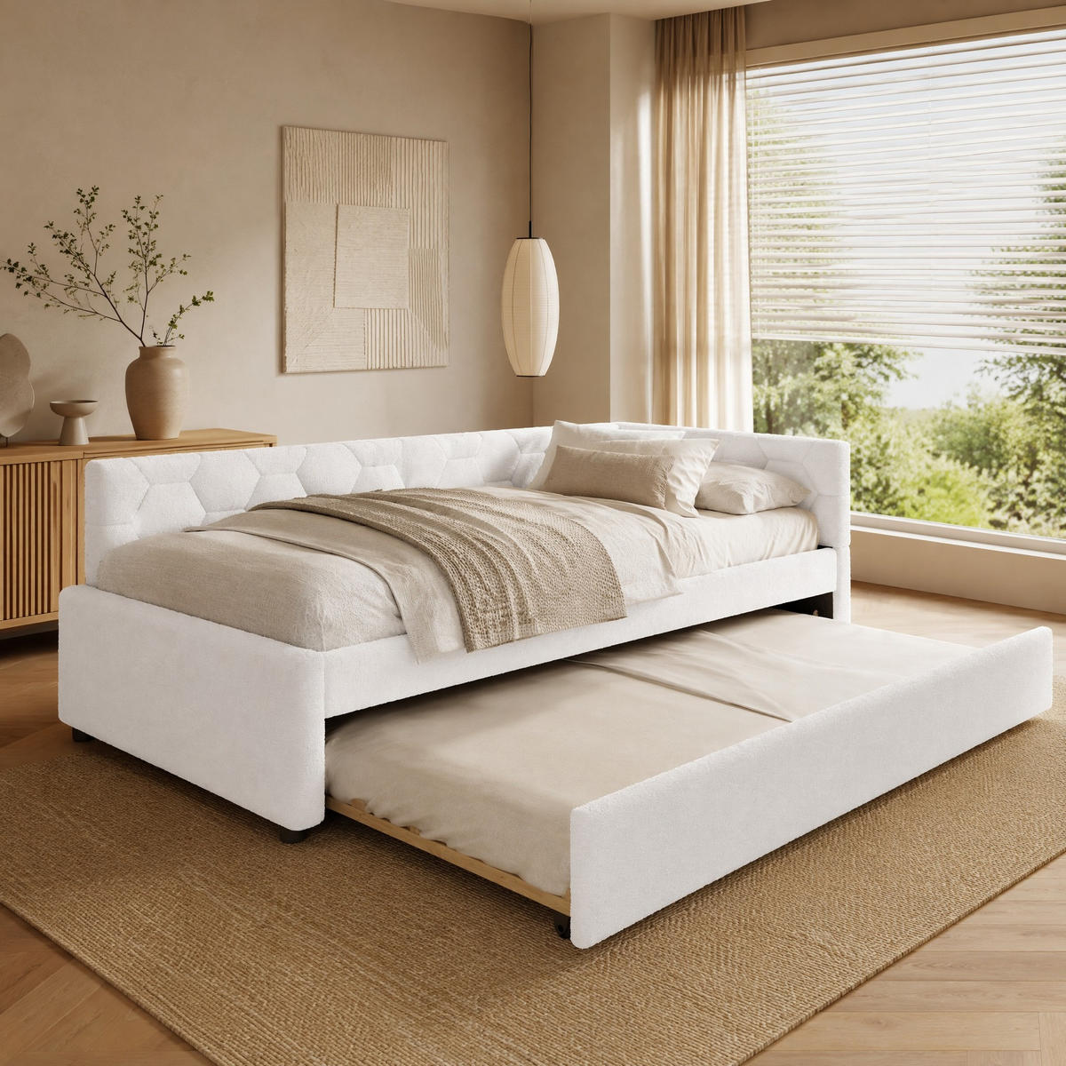POLSTERBETT 90/200 mit Ausziehbett, Nachttischlampe, USB, Type-C und Lattenrost in Weiß - Weiß, Holzwerkstoff/Textil (90/200cm) - EVRYAE