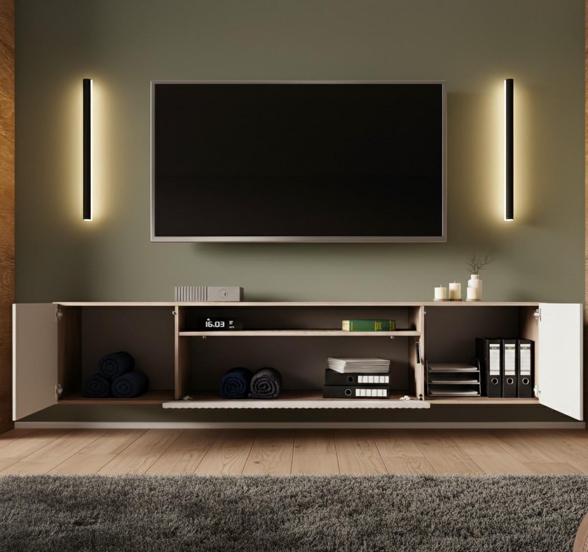 LOWBOARD Noa, Hängender TV-Schrank mit Push-to-Open System, eiche Artisan+eiche Catania - Eichefarben/Eiche Artisan, Holzwerkstoff (200/41/40cm) - AN-Moebel 4u