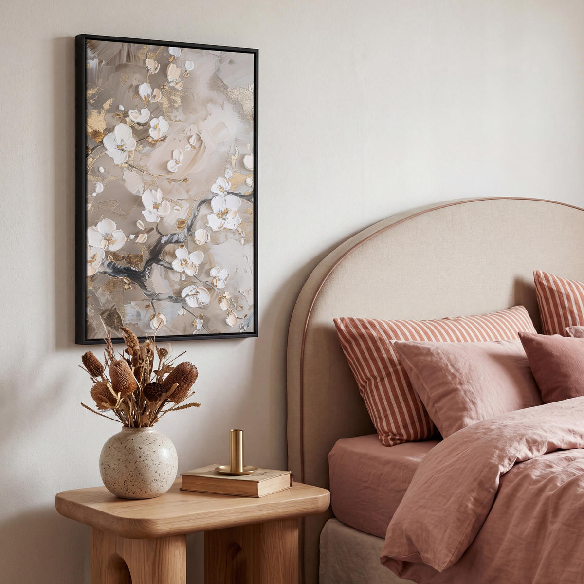 LEINWAND Bilder mit Rahmen - Blumen - Weiß - Gold - Beige - Luxus - 40x60 - Greige, Textil (40/60cm) - MuchoWow