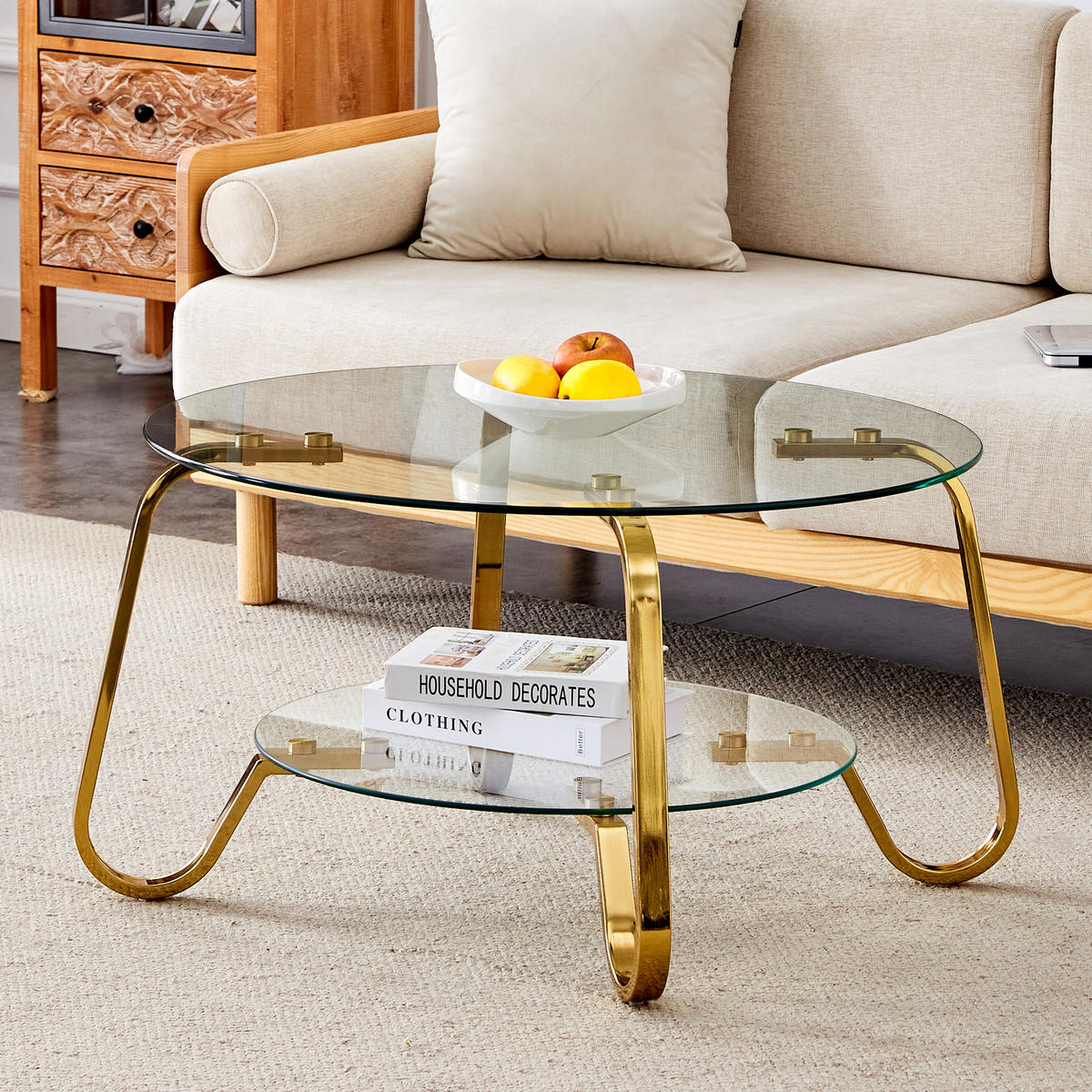 COUCHTISCH Retro Rund Gold/Transparent Sicherheitsglas mit Metallgestell 2 Ebenen - Transparent/Goldfarben, Glas/Metall (80/80/45cm)