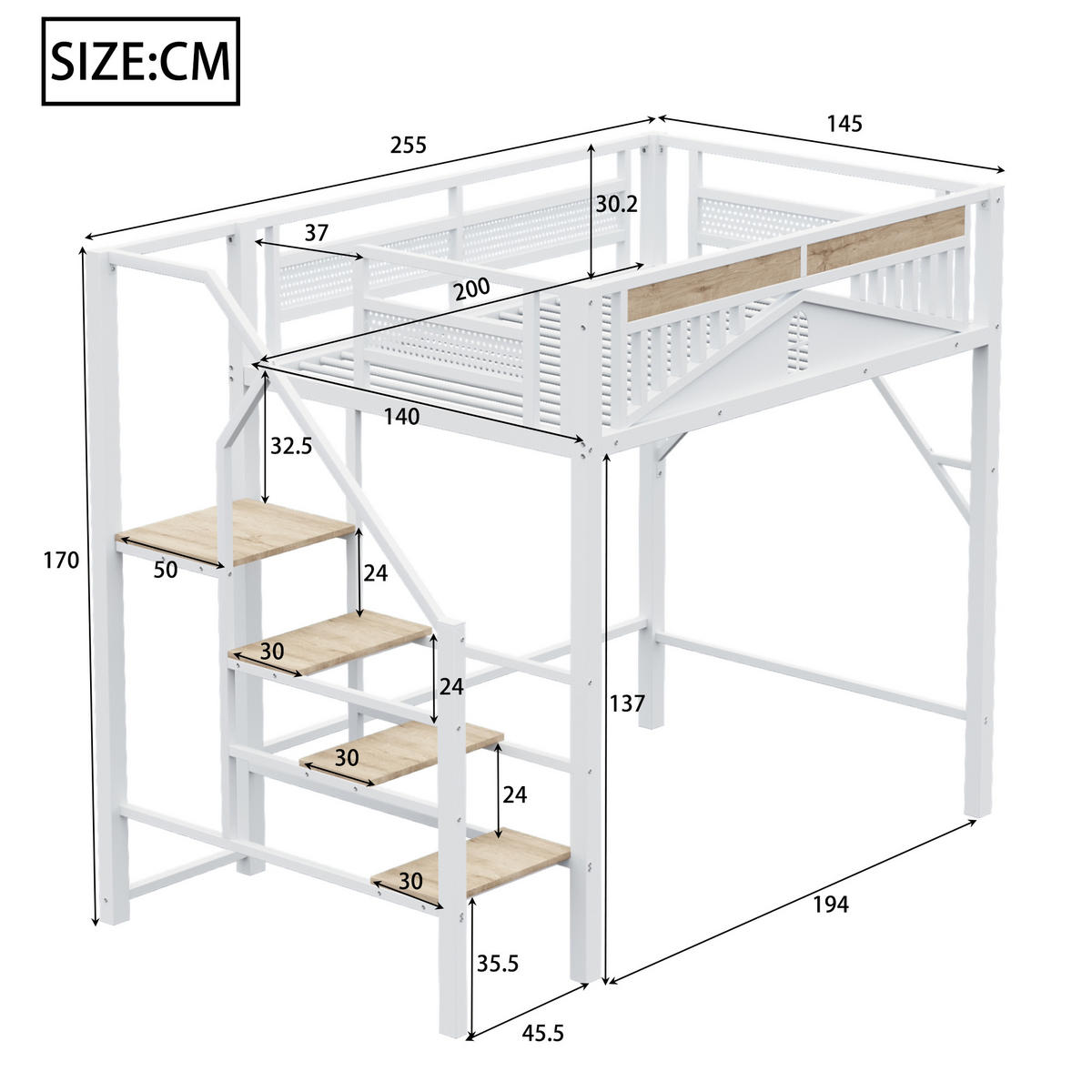 HOCHBETT 140/200 cm DE-01435, in Weiß, mit Sicherheitsumrandung und Leiter - Weiß, Metall (140/200cm) - ComfortXL
