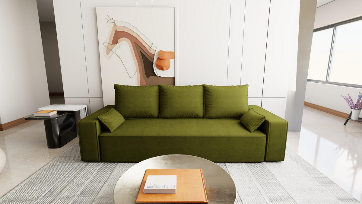 SOFA Veno mit Bettkasten und Schlaffunktion, Velourstoff - Olivgrün, Holzwerkstoff (242/85/95cm)