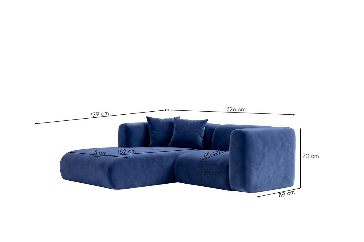 ECKSOFA L-Form mini, Velvet-Stoff Bluvel, Tintenblau, Links, GRETA - Blau, Holz (226/179cm) - Kaiser Möbel