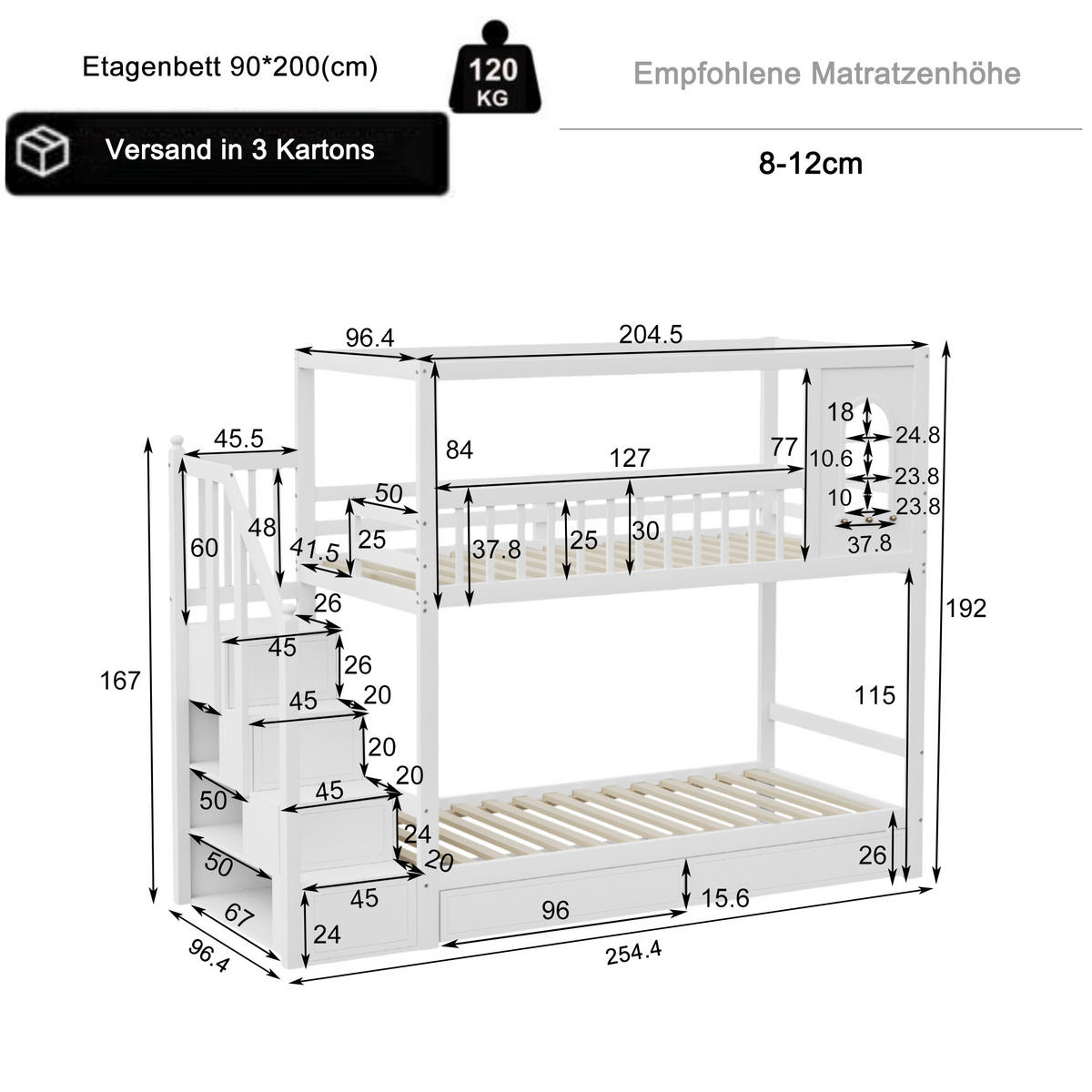 ETAGENBETT 90/200 cm weiß aus massivem Holz mit Sicherheitsleiter und Aufbewahrung - Weiß, Holz (90/200cm) - OKWISH
