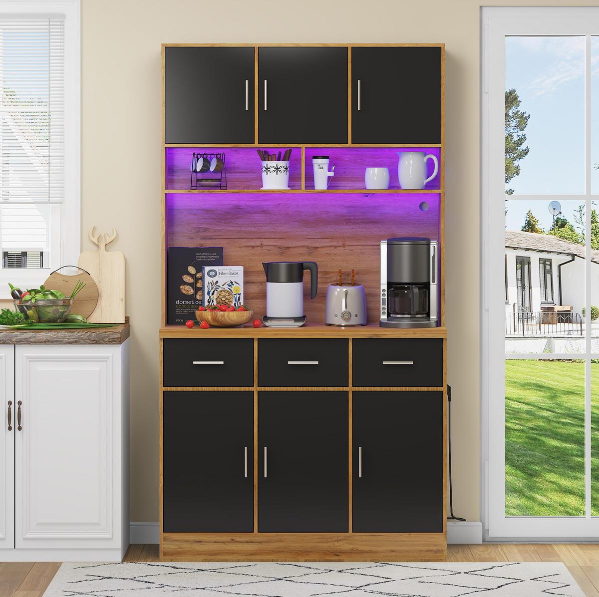 BUFFET 100/40/180 cm in Natur/Schwarz mit LED-Beleuchtung und Steckdosenleiste - Naturfarben, Holzwerkstoff (40/180/100cm) - Flora Grace