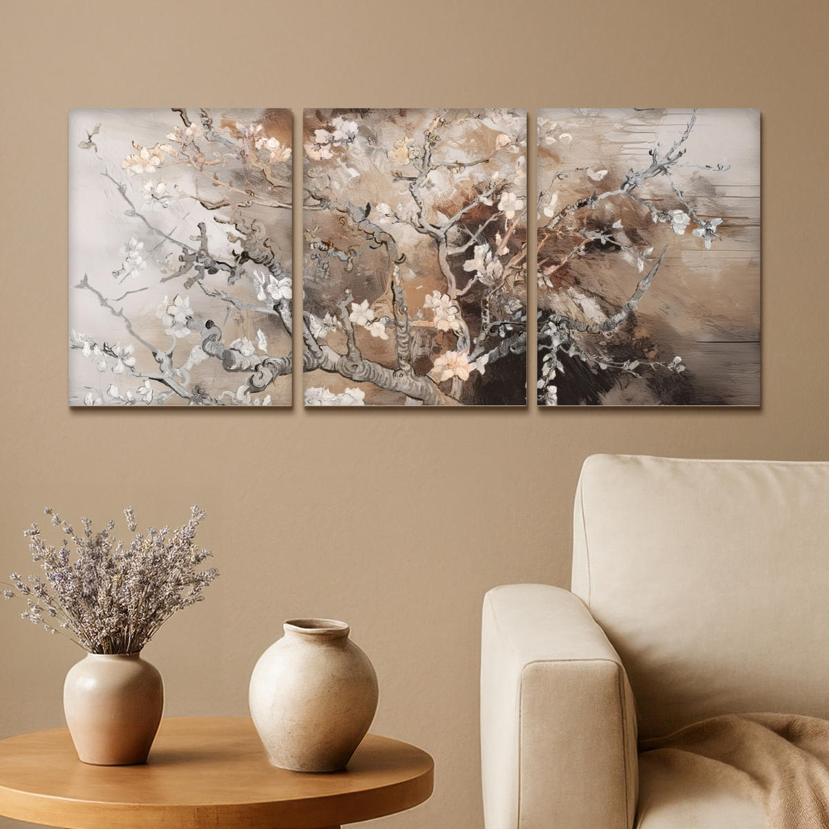 LEINWANDBILD 3er Set Mandelblüte - Abstrakt - Beige 90x40 cm - Beige, Textil (90/40cm) - MuchoWow