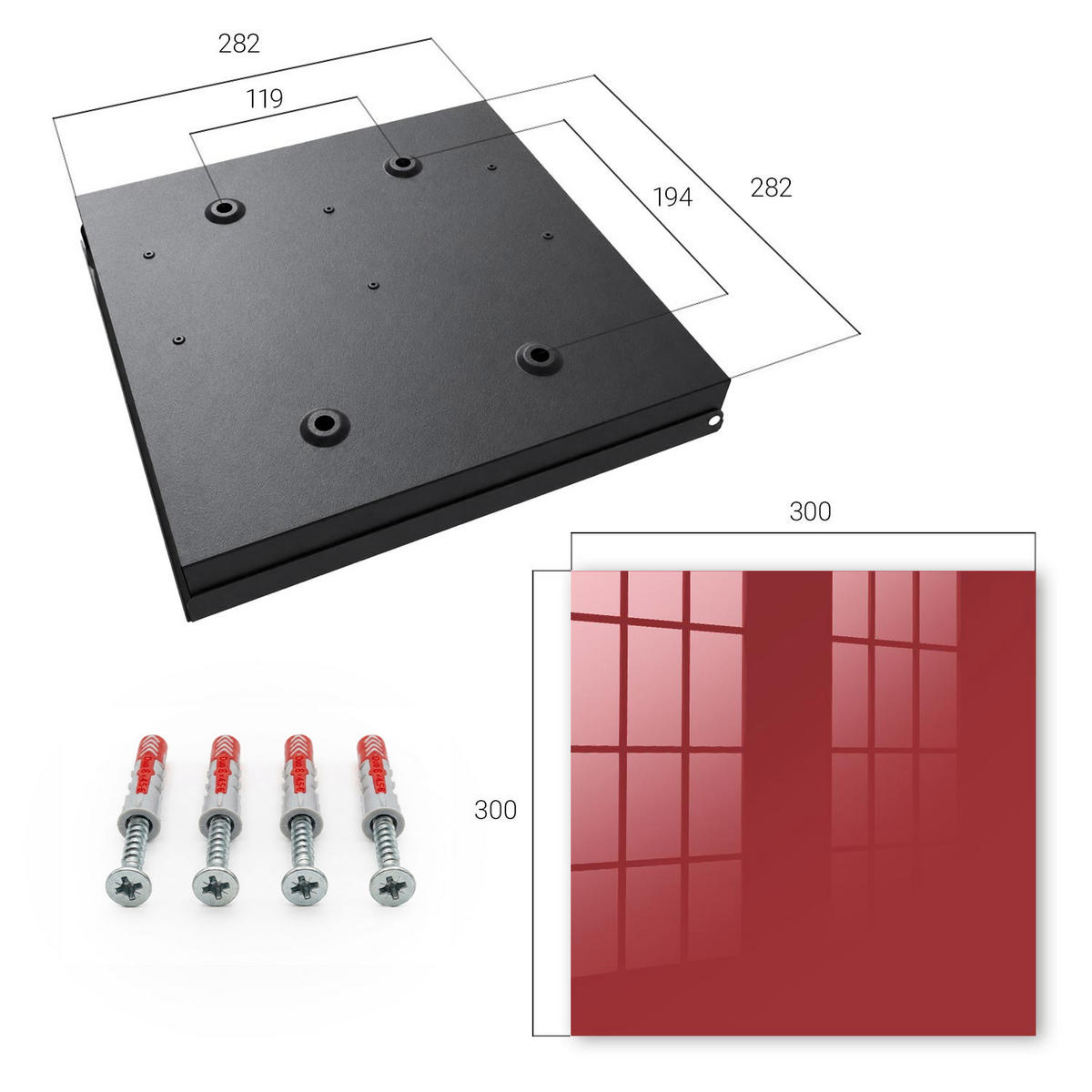 SCHLÜSSELBOX Schwarz 30x30 cm- Türöffnung nach rechts - Burgunderrote Farbe - Weinrot, Metall (30/30/5cm) - TULUP