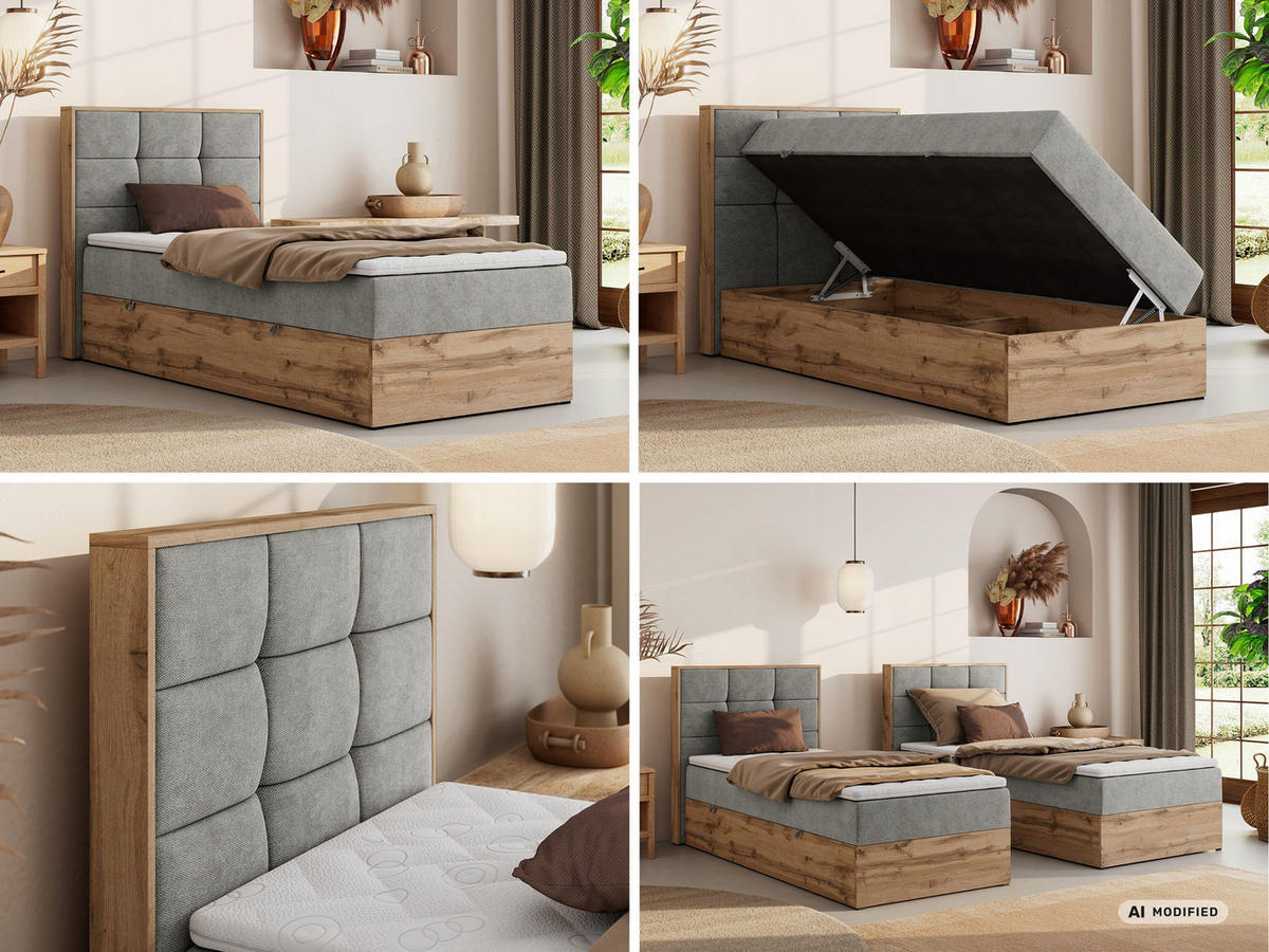 BOXBETT ALBERO 1 90/200 - Hellgrau Stukture - Topper Visco - H3 - Links - Silberfarben/Hellgrau, Kunststoff/Textil (90/200cm) - MKS
