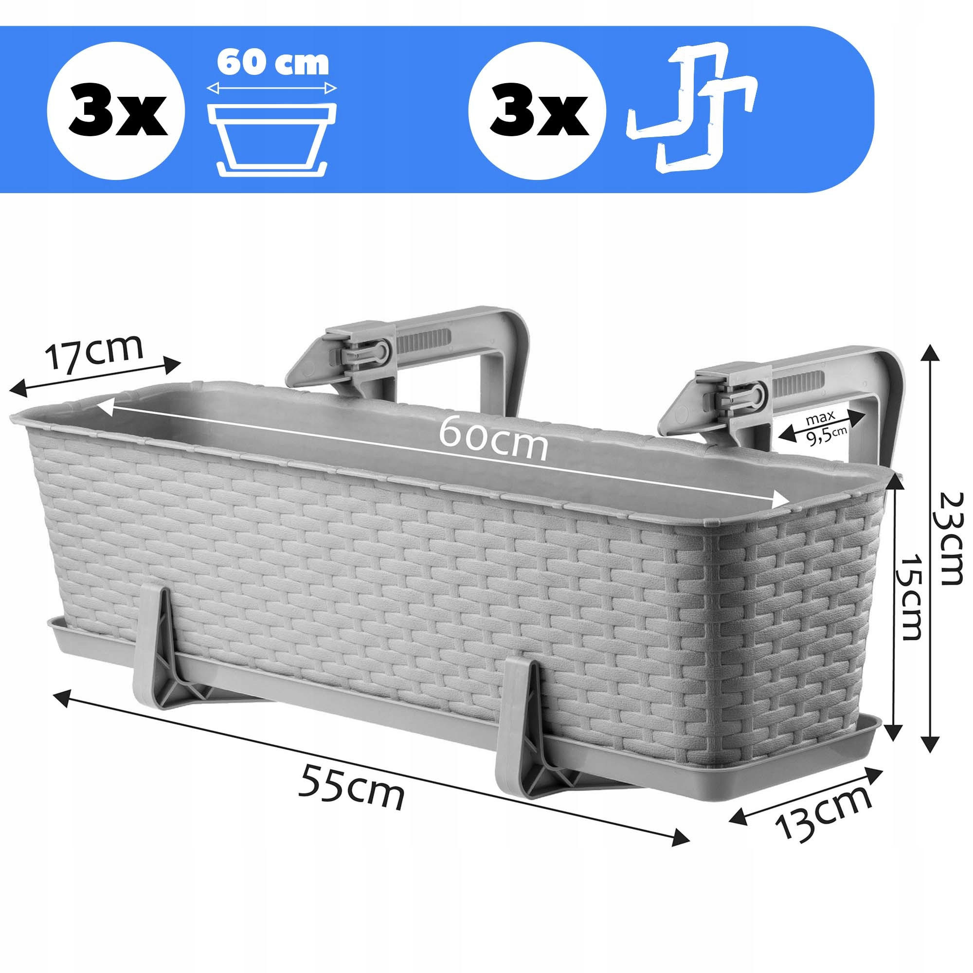 Thumbnail - Kadax Balkonkasten, Grau, Kunststoff, 17x60 cm, Dekoration, Blumen & Zubehör, Übertöpfe