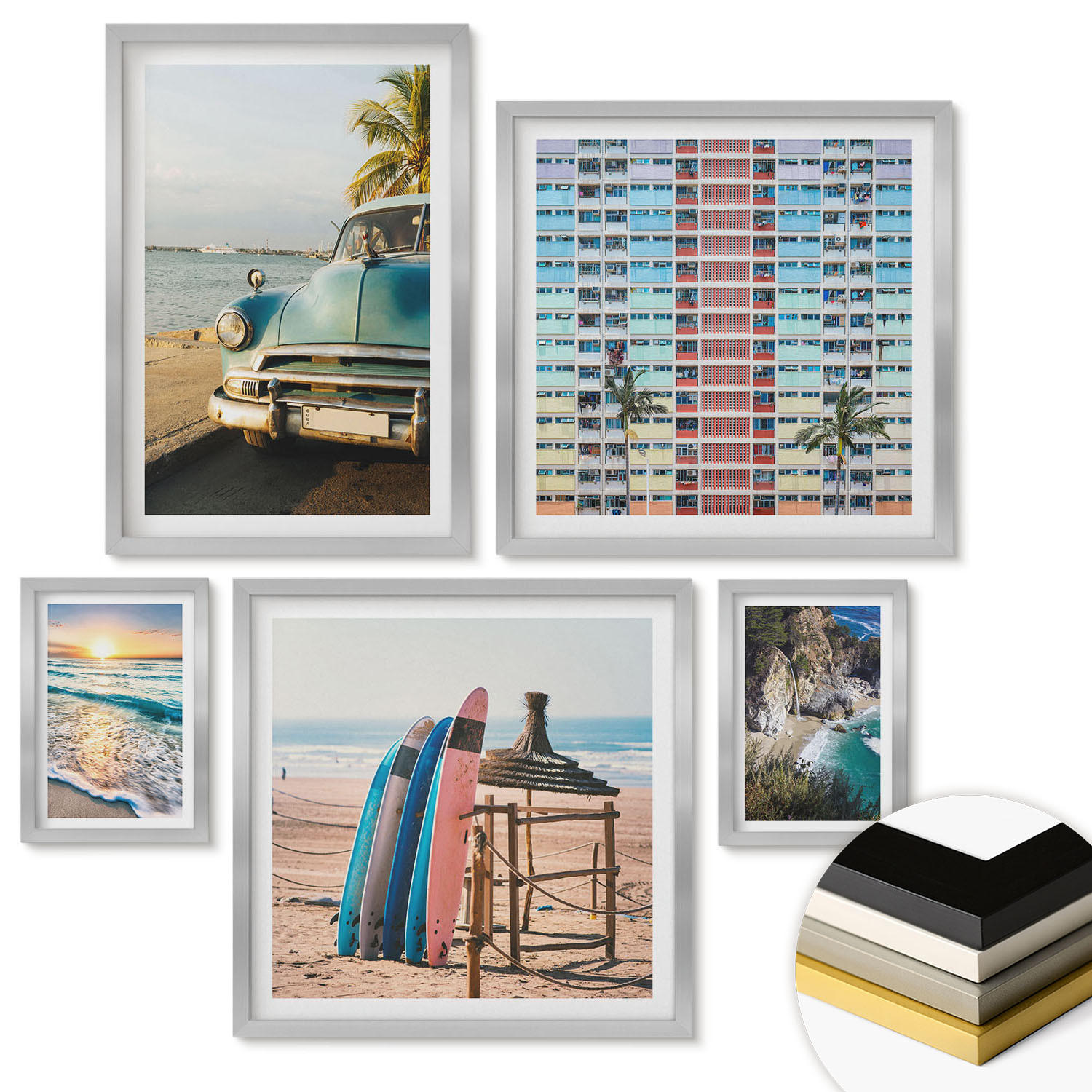 WANDBILDER 5er Set - 50x50 cm & 20x30 cm & 40x60 cm Silberner Rahmen - Sonnenuntergang in Miami - Silberfarben, Kunststoff (40/60cm) - ArtPrintCave
