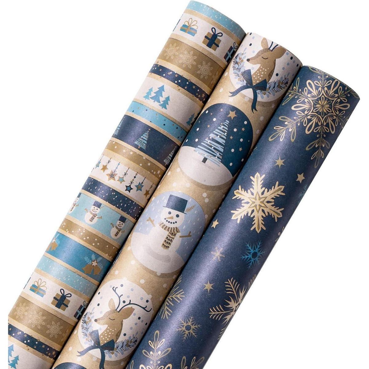 GESCHENKPAPIER 3 Rollen Set Kraftpapier Blau/Weiß 43,2 cm x 3 m - Multicolor, Papier (4/44/10cm)