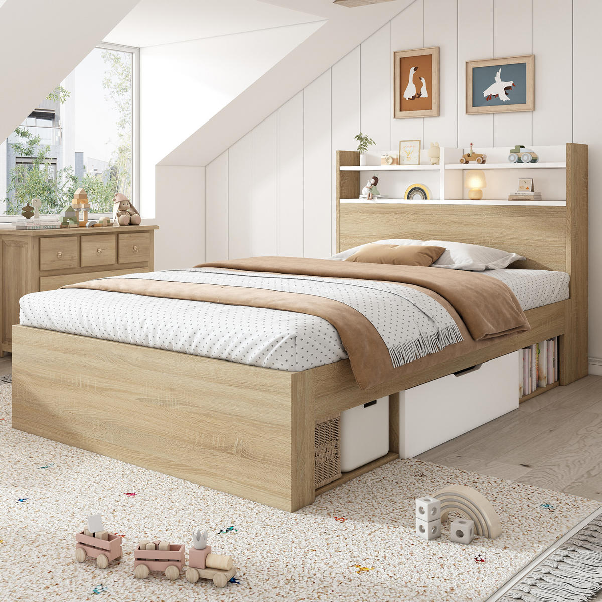 JEDNOLŮŽKO 90/200 cm bílá/dub z dřeva s úložným čelem, zásuvkami a policemi - bílá, kompozitní dřevo (90/200cm) - OKWISH