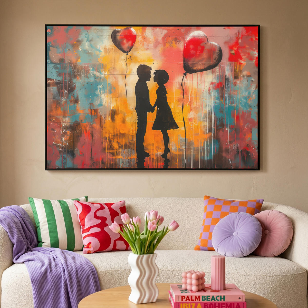 LEINWAND Bilder mit Rahmen - Straßenkunst - Liebe - Graffiti - Kunst - Banksy - 120x80 - Orange, Textil (120/80cm) - MuchoWow