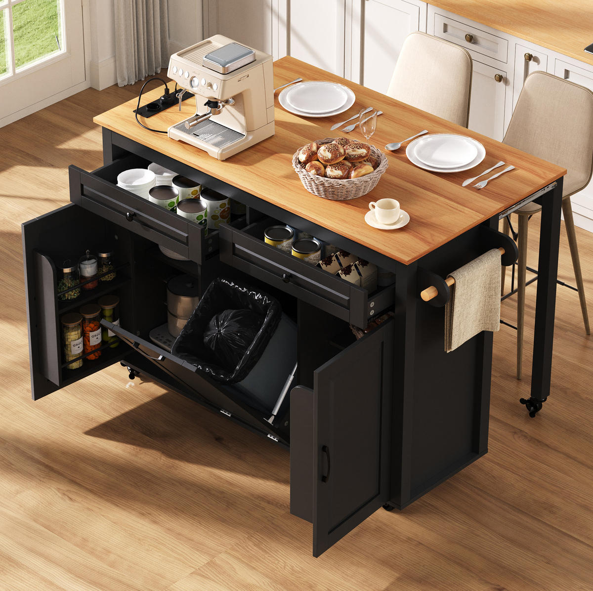 KÜCHENINSEL mit Ausziehplatte 120 cm Schwarz MDF - Schwarz, Holz (40/92/120cm) - Beauniv