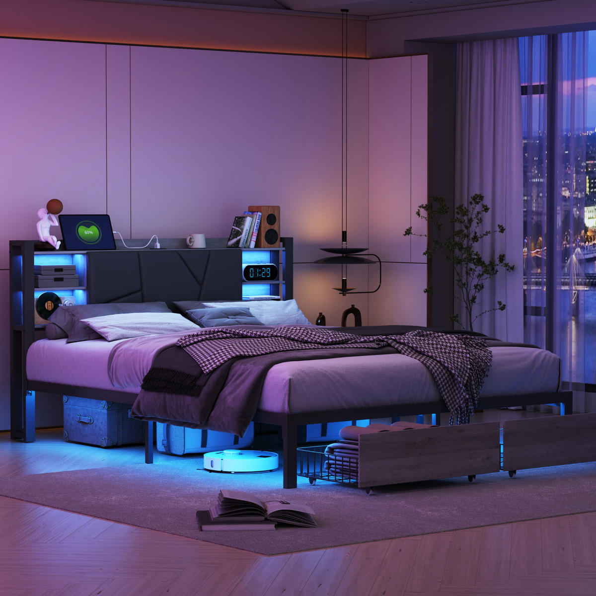 POLSTERBETT 140x200 cm Holz LED USB Schubladen Bettkasten - Schwarz, Holz (140/200cm) - SHOPENTRA
