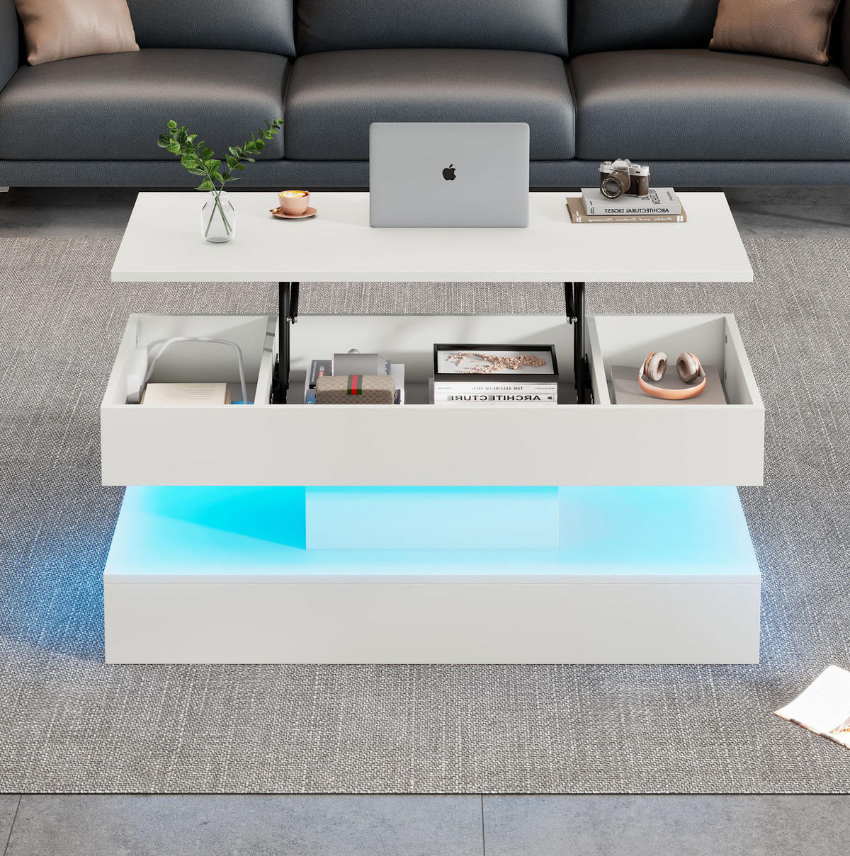 KLUBSKA miza, 100/50/42 cm bela, z LED osvetlitvijo in višinsko nastavljivo ploščo - bela, leseni material (100/50/42cm) - BEAOK