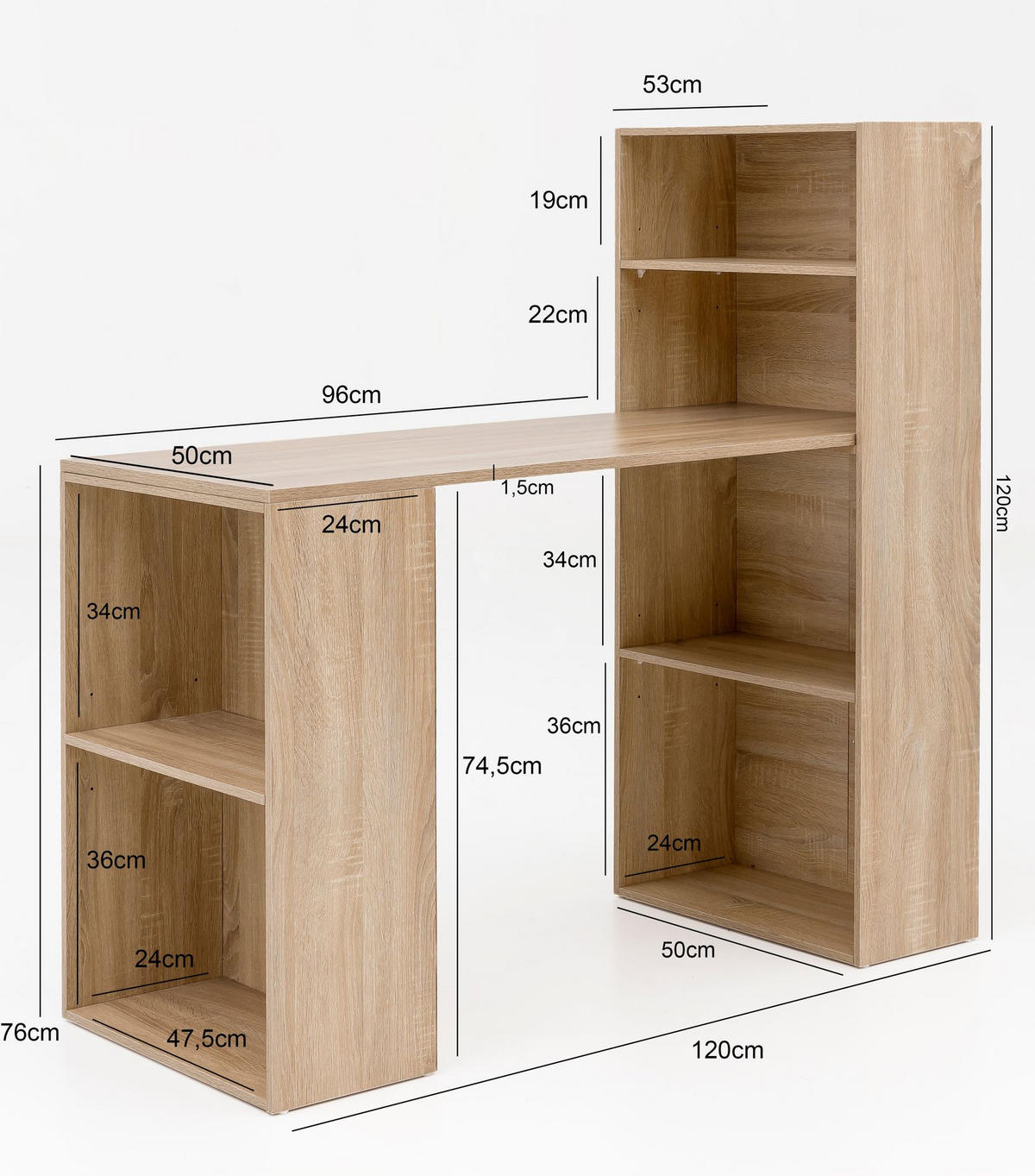 SCHREIBTISCH Mit Regal Variabel BRENTA, Beige 120x53x120 cm - Beige/Braun, Holz (53/120/120cm) - KADIMA DESIGN