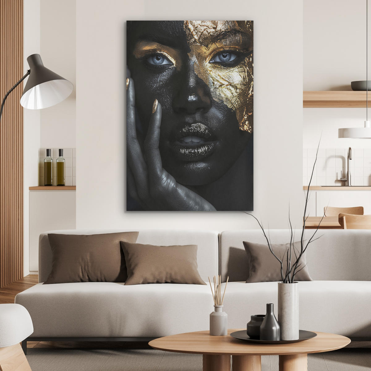 AKUSTIKPANEEL Frau - Gold - Porträt - Schwarz-Weiß - Luxus 70x100 cm - Hellblau, Textil (70/0.9/100cm) - MuchoWow