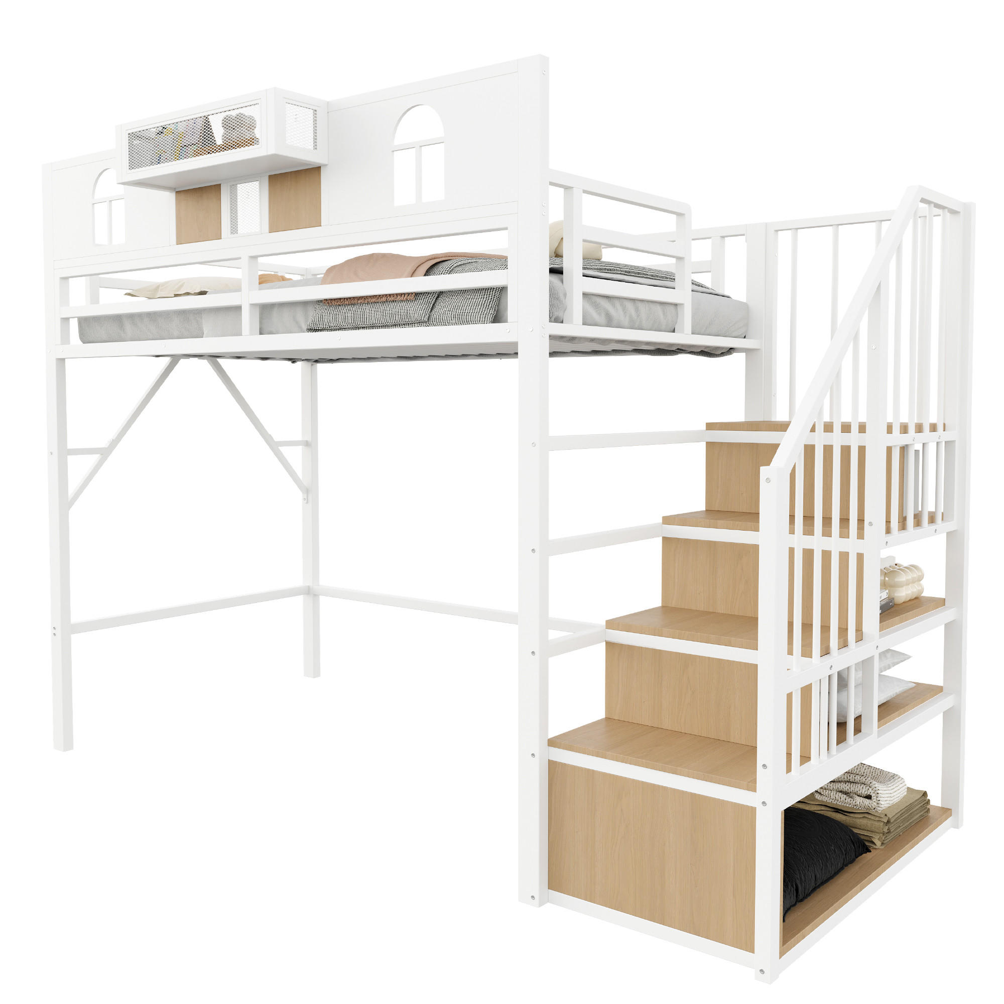 HOCHBETT 90/200 cm in Weiß mit Stauraumleiter, Lichtleiste, Ablagefach und Bettgitter aus Metall und MDF - Weiß, Metall (90/200cm) - STILVORA