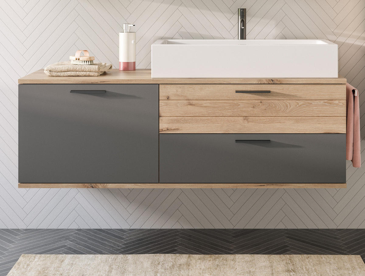 WASCHTISCHKOMBI Eiche, grau 140 cm inklusive Waschbecken, Soft-Close - Eichefarben/Schwarz, Keramik/Holzwerkstoff (140/62/48cm) - Inn.Furn