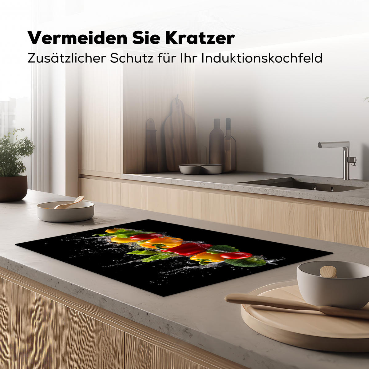 HERDABDECKPLATTE Paprika - Wasser - Gemüse - Schwarz Induktionsmatte 77x51 cm - Multicolor, Kunststoff (77/51/0.2cm) - MuchoWow
