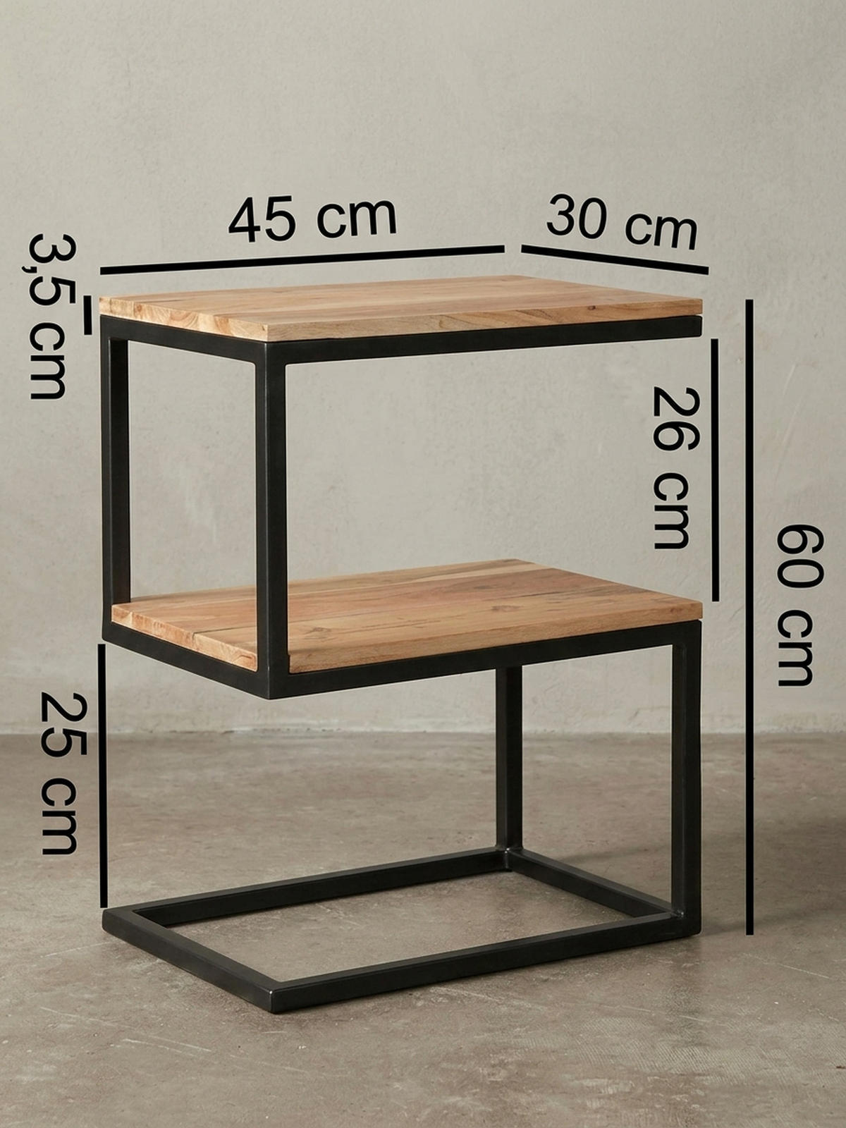BEISTELLTISCH Massivholz S-Design Metallgestell Ablageflächen INDI, Beige 45x30x60 cm - Beige/Schwarz, Holz/Metall (30/45/60cm) - KADIMA DESIGN