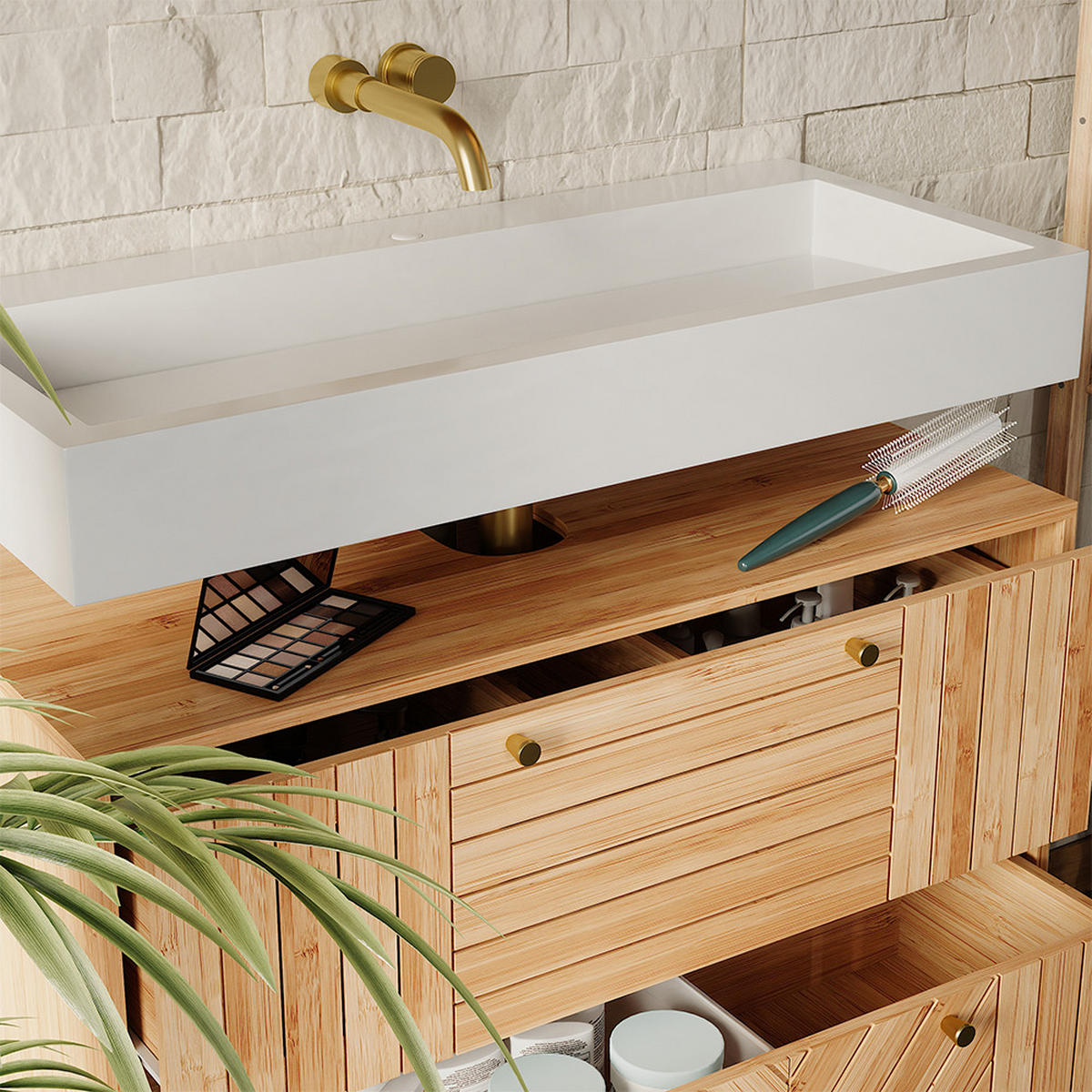 BADMÖBEL-SET Lucie Bambus 3 Teile - Grün, Holzwerkstoff (80/65/36cm) - Vicco