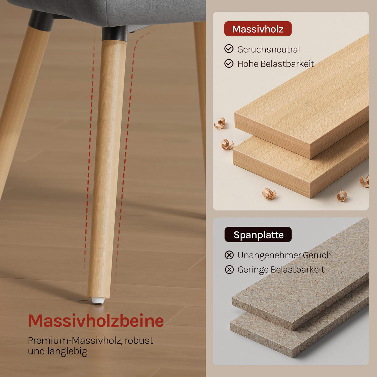 ESSZIMMERSTUHL 6er-Set, Samt, Massivholz, Dunkelgrau - Dunkelgrau/Naturfarben, Holz/Textil (42/81/50cm) - Woltu