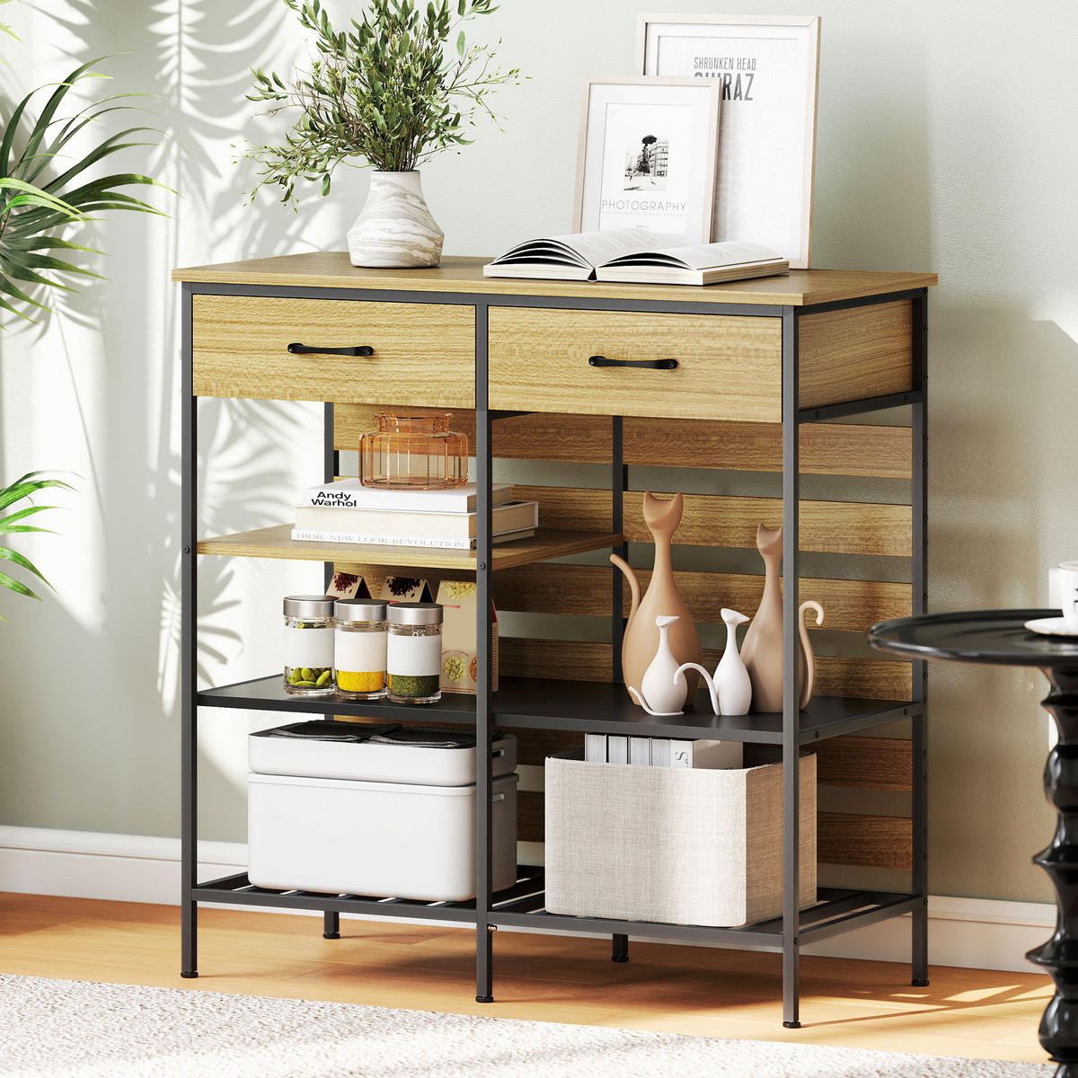 SIDEBOARD DE-11223 2 Schubladen & 3 offene Fächer Naturholz/Schwarz - Naturfarben, Holzwerkstoff (90/91/40cm) - ComfortXL