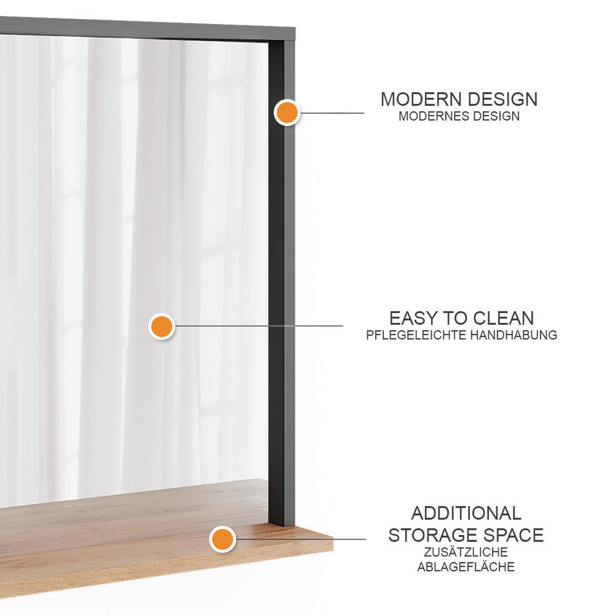 STĚNOVÉ ZRCADLO Orlando Antracit/zlatý dub - medově dubová/antracitová, kompozitní dřevo (57/60/12cm) - Vicco