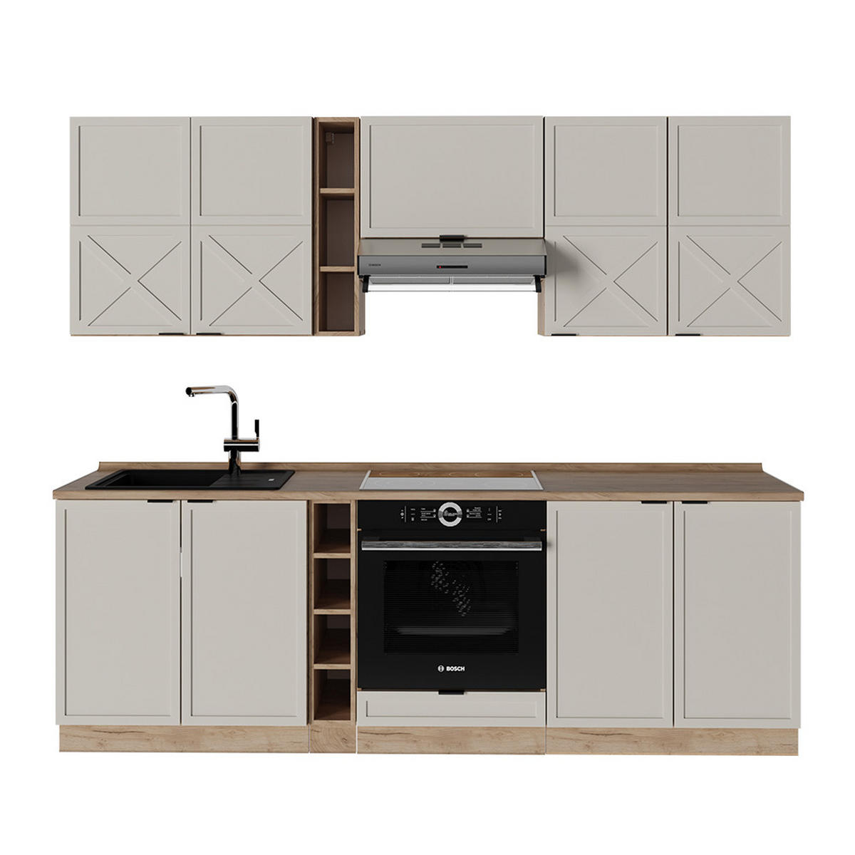 KÜCHENZEILE Fame-Line GrauBeige/Goldkraft Eiche 235 cm, AP Eiche - Honigeiche/Grau, Holzwerkstoff (235/81.6/60cm) - Vicco