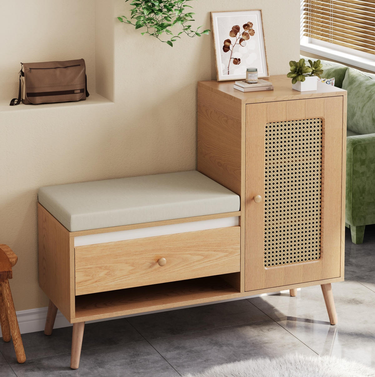 SCHUHBANK 95,5/35/80,5 cm mit Sitzkissen, Schubladen und Rattan-Optik - Eichefarben, Holzwerkstoff (95.5/80.5/35cm) - BEAOK
