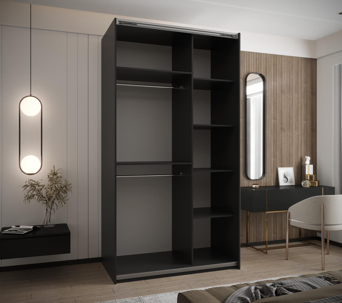 SCHWEBETÜRENSCHRANK 245,5/130/64 2-türig - Goldfarben/Schwarz, Holz/Metall (130/245/64cm) - Abiks Möbel