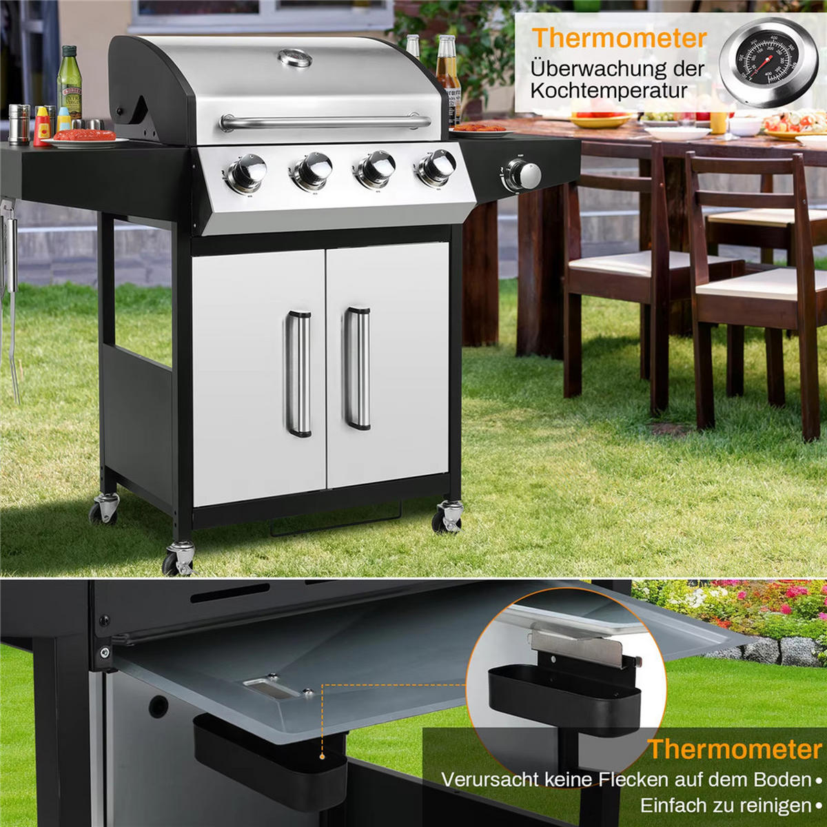 GASGRILL 4+1 Brenner mit Seitenbrenner 52000BTU, Silber - Silberfarben, Metall (70/136/44cm) - Kaket