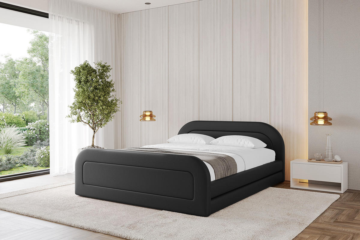 POLSTERBETT mit Bettkasten, Fußteil und Lattenrost, Boxbett mit Matratze H3/H4 - LERIS-v1-Z 180x200 Schwarz Kunstleder - Schwarz Hochglanz, Holzwerkstoff/Textil (180/200cm) - ALTDECOR