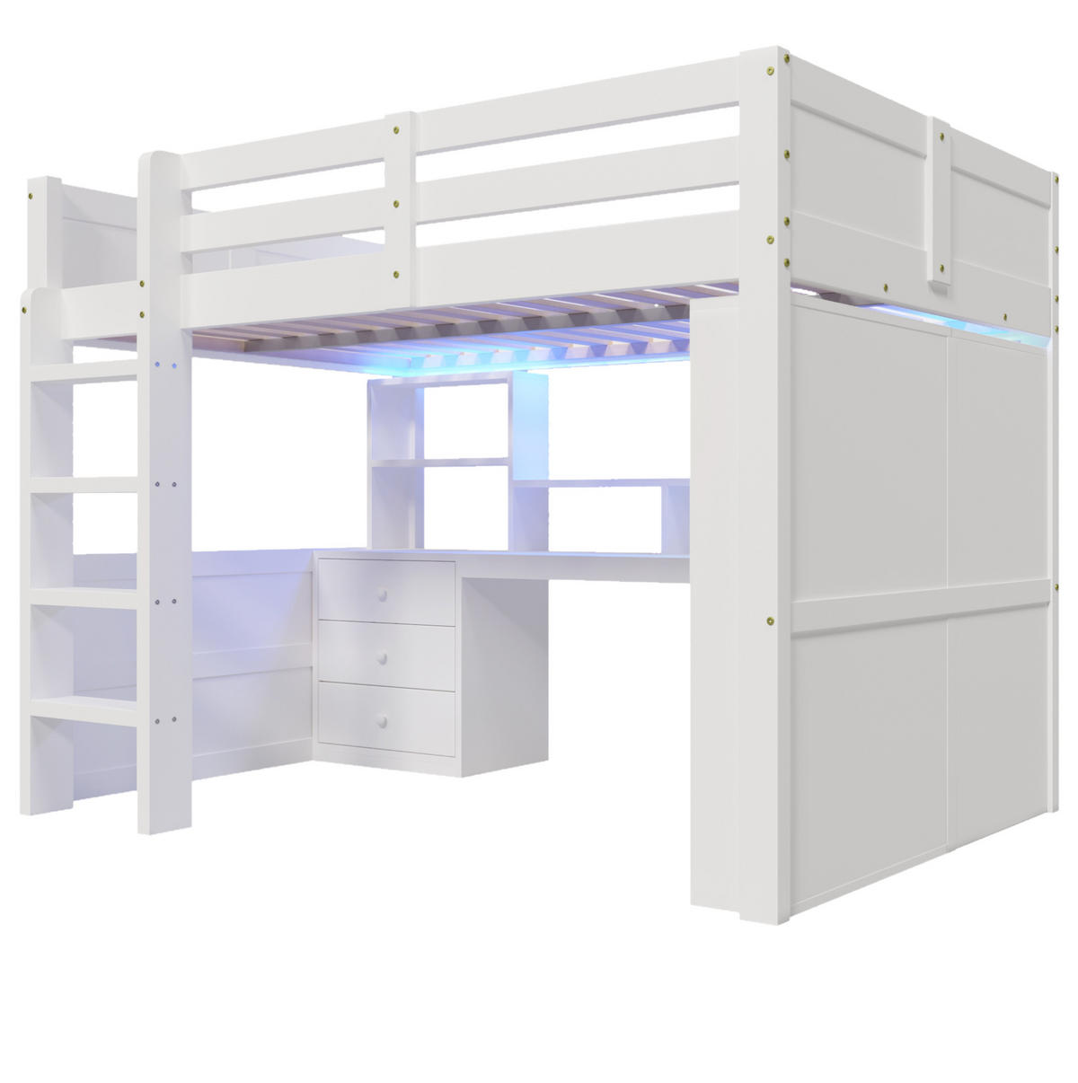 HOCHBETT aus Kiefer 140x200 cm Weiß mit LED-Beleuchtung, Schreibtisch, Kleiderschrank und Stauraum - Weiß, Holzwerkstoff (140/200cm) - Modfu