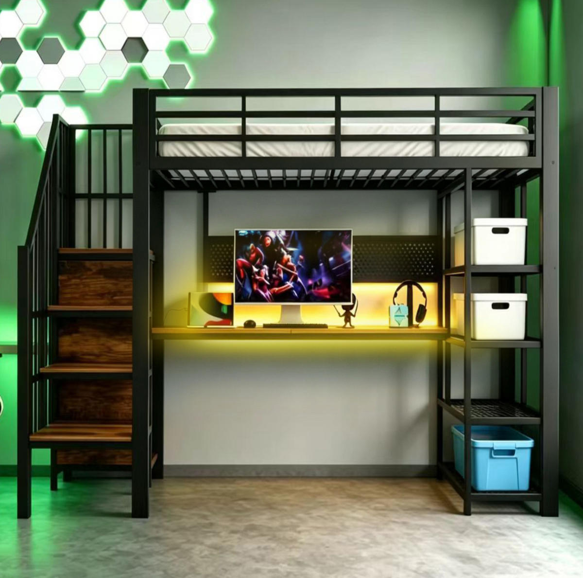HOCHBETT 90/200 cm mit Stauraumtreppe, Schreibtisch, LED-Beleuchtung und Steckdose, Schwarz - Schwarz, Metall (90/200cm) - Redom