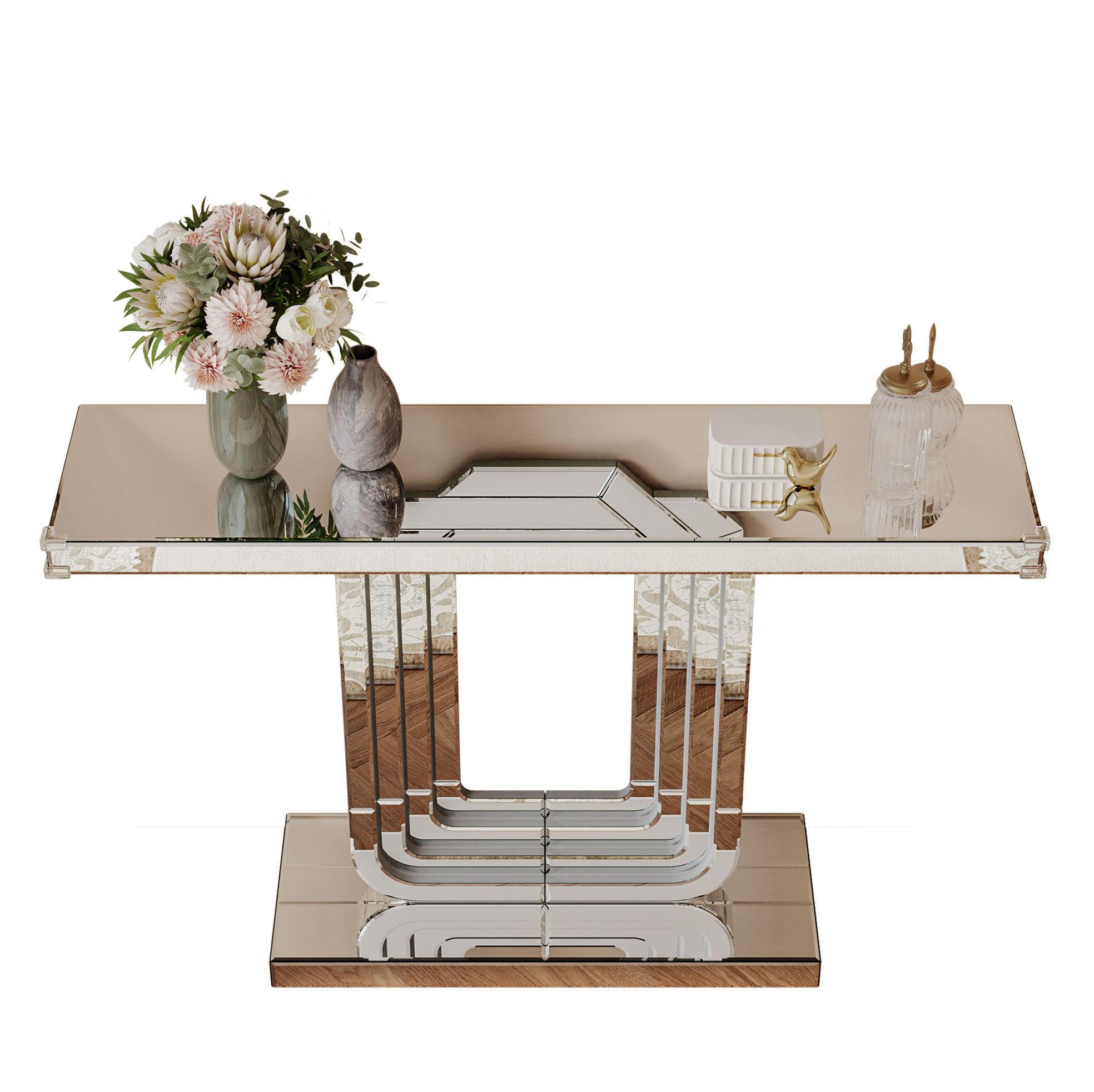 Modfu KONZOLOVÝ stolek ze skla a MDF 120x30x76 cm stříbrný se zrcadlovým povrchem a stabilní podnoží ve tvaru U