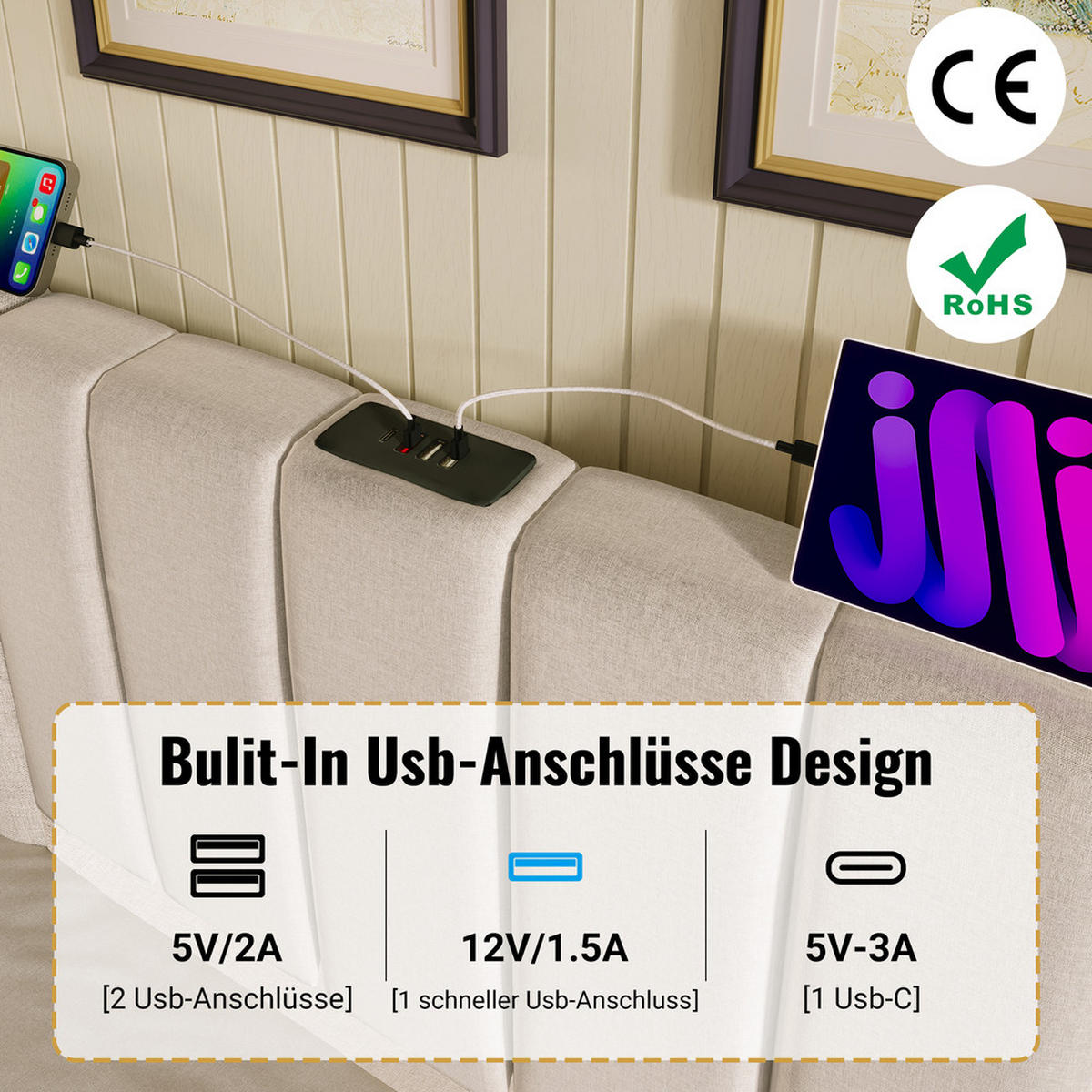 POLSTERBETT 160x200cm Doppelbett App-LED USB-C Stauraum Beige Leinen - Beige, Holz (160/200cm) - FLIEKS