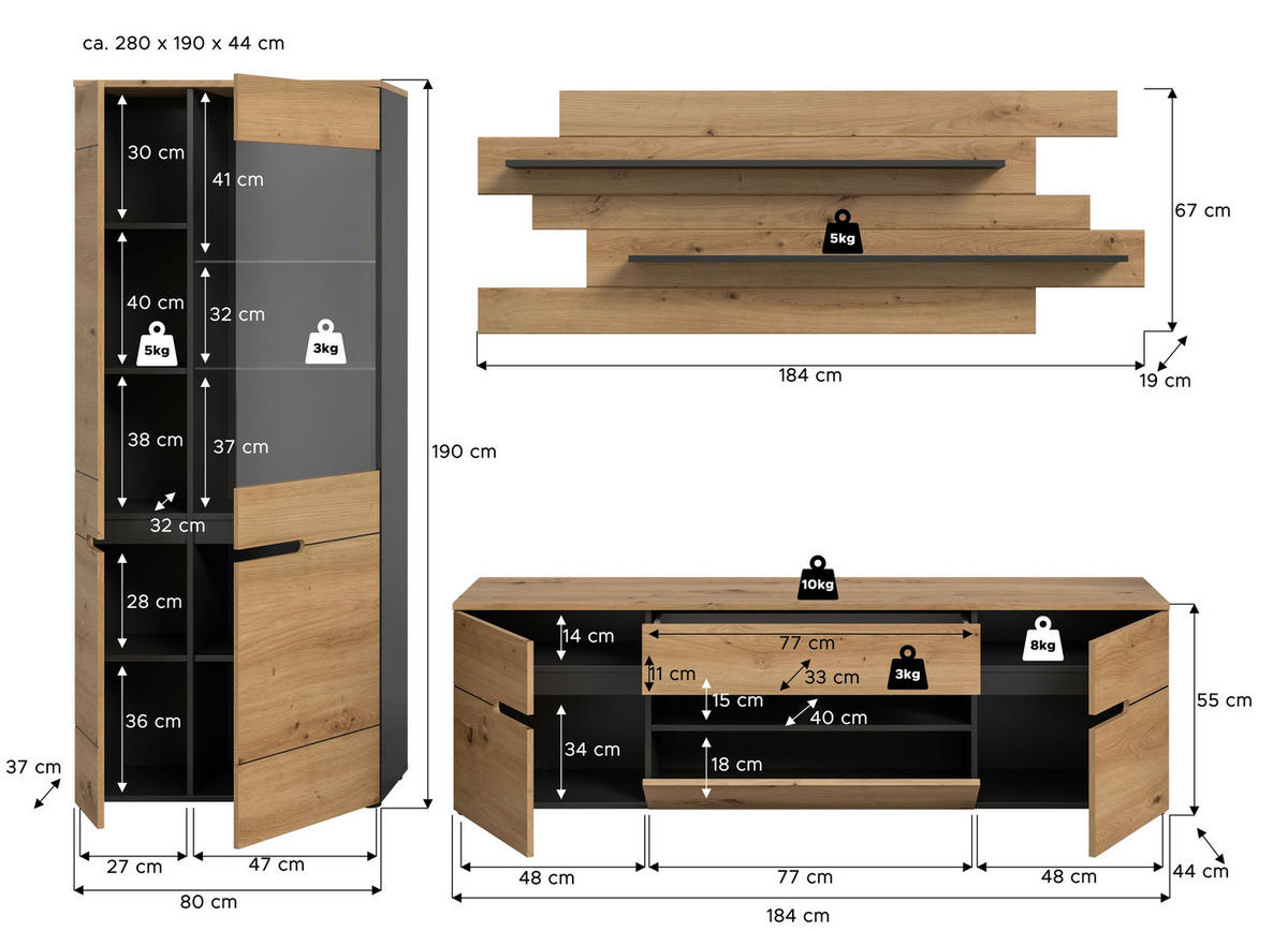 WOHNKOMBINATION CANU (B/H/T: ca. 280/190/44 cm) in Basalt grau/Artisan Nachbildung - Grau, Holzwerkstoff (280/190/44cm)