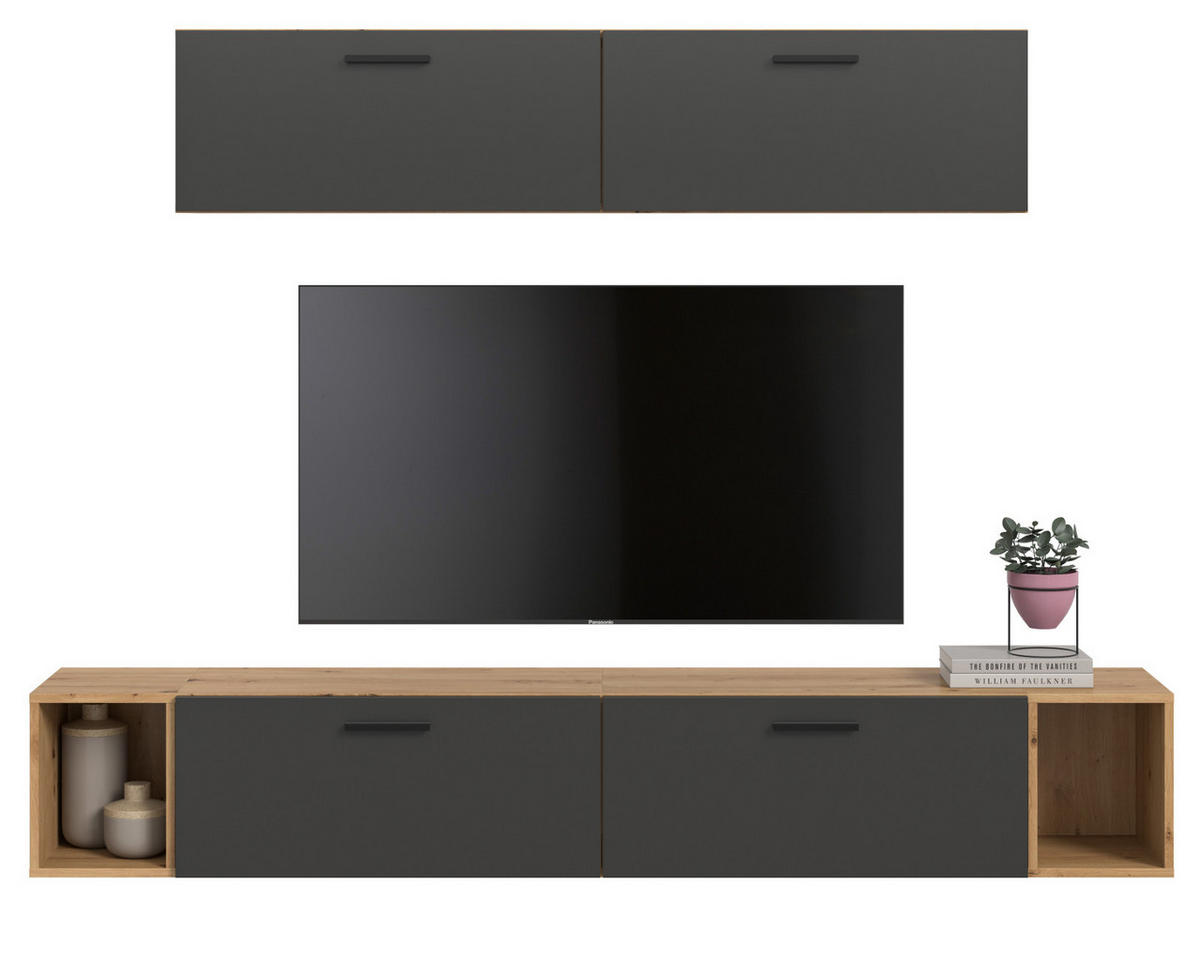WOHNWAND grau, Eiche Artisan 202 cm, Schrankwand mit Soft-Close - Schwarz/Eiche Artisan, Holzwerkstoff/Kunststoff (202/184/34cm) - Inn.Furn